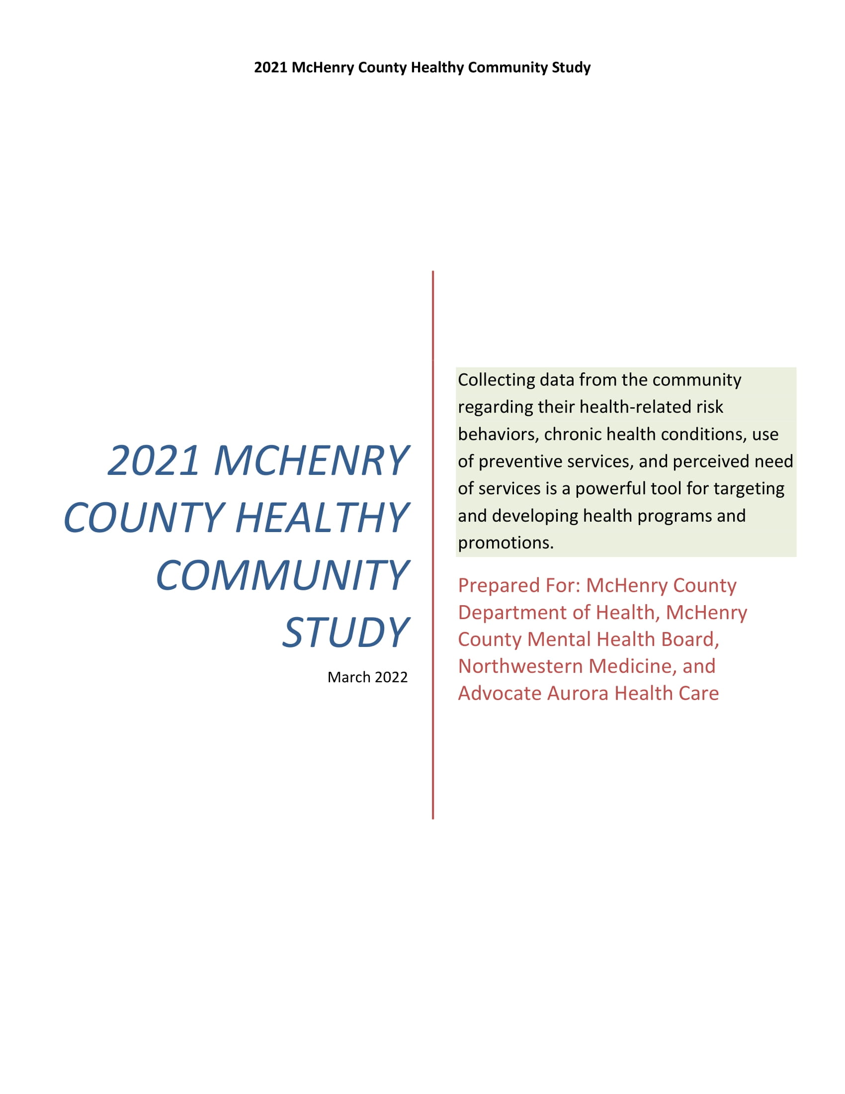 2021 McHenry County Health Community Study Report