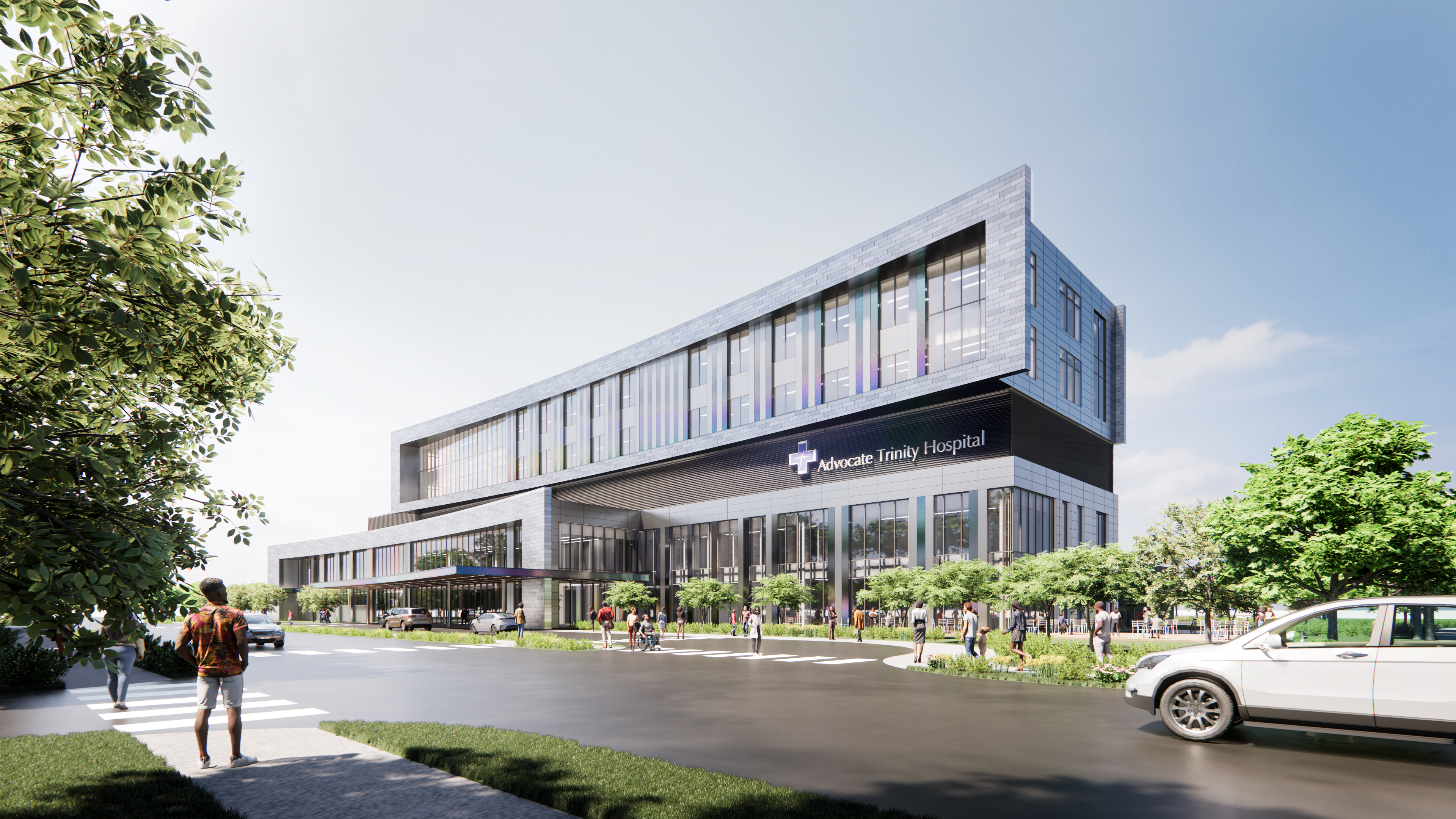 Concept art of a building with a open area and people walking