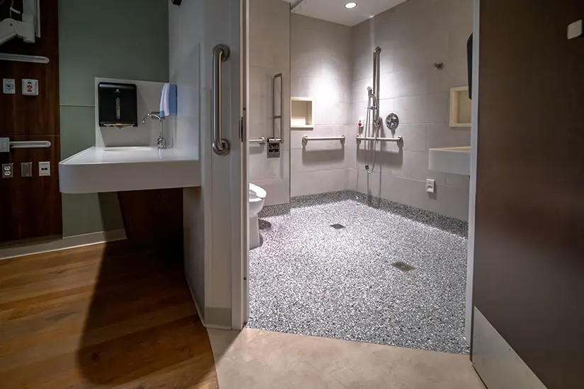 Large walk-in shower in private room at Good Samaritan Hospital birthing center in Downers Grove, IL. 